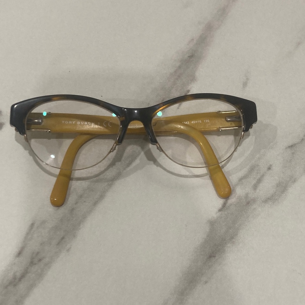 Tory Burch Tortoiseshell Front with Yellow Temples Cat-Eye Glasses
